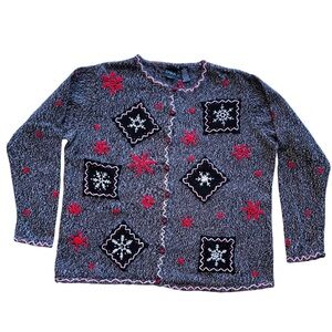 Vtg Erika Hand Knit Cardigan Sweater Wm 1X Black White Red Snowflake Christmas